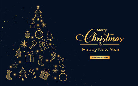 Christmas gift card with golden elements. Christmas tree with golden ornaments. Tree elements. Social media banner with golden tree elements on a dark background. Xmas banner.のイラスト素材