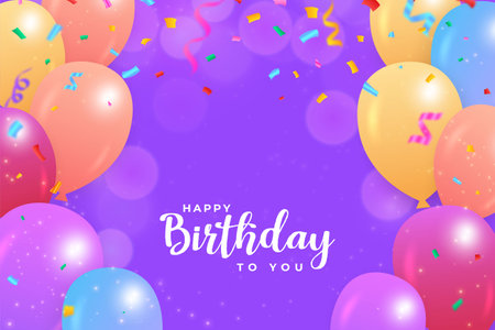 Happy birthday purple background with bokeh and balloons. Happy birthday banner with colorful confetti. Birthday celebration banner, realistic balloons, colorful ribbon, birthday bokeh background.のイラスト素材