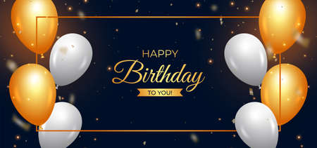 Birthday banner with golden and white balloons. Happy birthday social media banner with golden calligraphy. Happy birthday wish with golden typography. golden confetti background, party elements.のイラスト素材