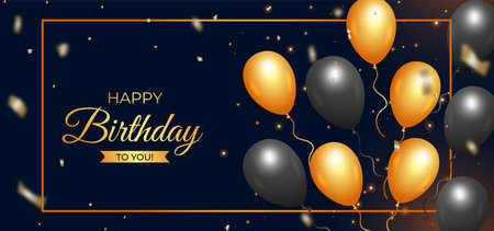 Happy birthday black background with realistic balloons. Happy birthday banner with golden confetti. Birthday celebration banner. realistic black and golden balloons, light effect background.のイラスト素材