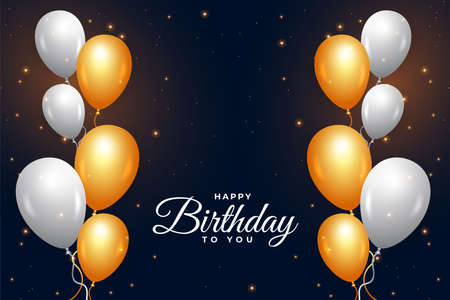 Birthday banner with golden and white balloons. Happy birthday social media banner with balloons and lights. Happy birthday wish with calligraphy. Colorful balloon background, party elements.のイラスト素材