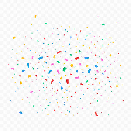 Confetti vector illustration for festival background. Colorful tinsel and confetti explosion. Multicolor confetti on transparent background. Event and party celebration. Festival elements.のイラスト素材
