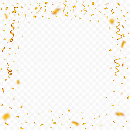 Confetti frame vector for the birthday background. Golden party element ribbon and confetti falling. Golden confetti frame isolated on transparent background. Carnival elements. Birthday celebration.のイラスト素材