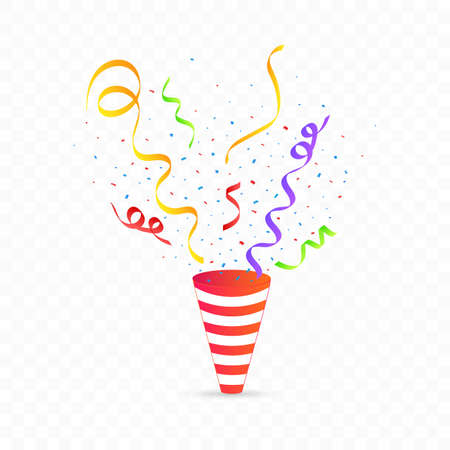 Confetti explosion vector for the birthday background. Colorful party cap and confetti design. Multicolor confetti blast isolated on transparent background. Carnival element. Birthday celebration.のイラスト素材