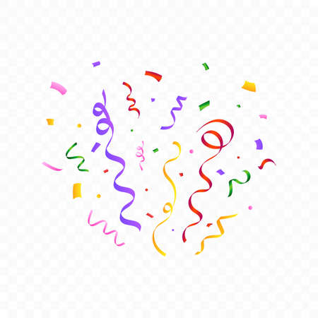 Confetti blast vector for the birthday background. Colorful party ribbon and confetti falling. Multicolor confetti explosion isolated on transparent background. Carnival element. Birthday celebration.のイラスト素材