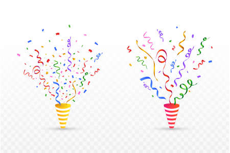 Confetti illustration for the festival background. Colorful party cap with ribbon and confetti falling. multicolor confetti isolated on transparent background. Carnival elements. Birthday celebration.のイラスト素材
