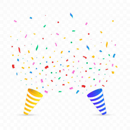 Confetti vector with party cap for festival background. Confetti and ribbon explosion background. Red, green, golden, blue confetti on transparent background. Event and party Celebration.のイラスト素材