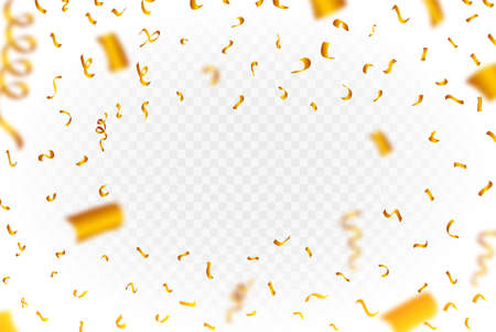 Golden confetti frame vector background. Realistic golden ribbon and confetti explosion illustration. Golden confetti isolated on transparent background. Festival elements. Birthday party celebration.のイラスト素材