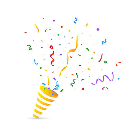 Confetti and tinsel explosion background. Realistic ribbon and confetti vector illustration. Colorful confetti isolated on white background. Carnival elements. Birthday party celebration.のイラスト素材