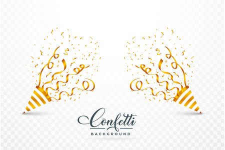 Festival confetti background vector. Realistic birthday cap and confetti explosion illustration. Golden bright confetti isolated on transparent background. Festival elements. Birthday celebration.のイラスト素材