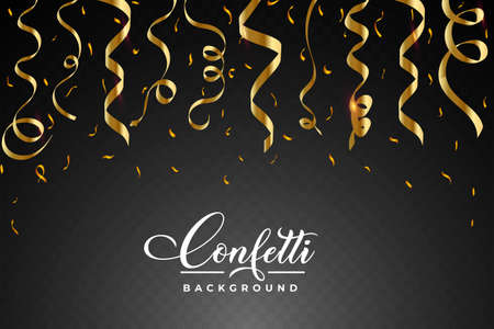 Confetti falling background vector. Realistic golden ribbon and confetti explosion illustration. Bright golden confetti isolated on black transparent background. Festival element. Birthday celebration.のイラスト素材