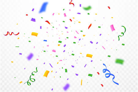 Festival confetti background vector. Realistic celebration confetti ribbon explosion illustration. Colorful bright confetti isolated on transparent background. Festival elements. Birthday celebration.のイラスト素材