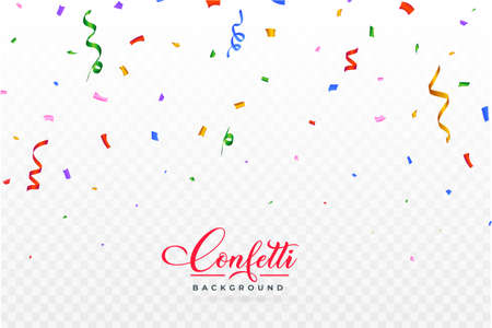Confetti vector illustration for the carnival background. Multicolor party tinsel and confetti falling. Colorful confetti isolated on transparent background. Festival elements. Birthday celebration.のイラスト素材