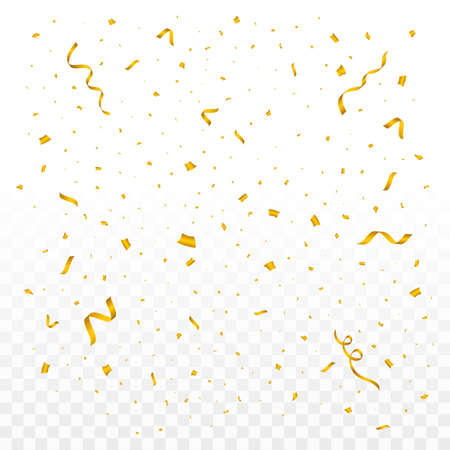 Confetti vector illustration for festival background. Simple tin foil confetti falling background. Simple red, green, golden, blue confetti on transparent background. Celebration event and party.のイラスト素材