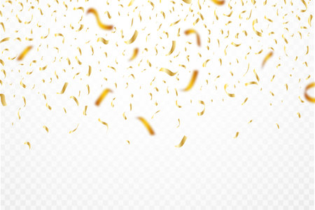 Confetti and foil background vector. Realistic golden ribbon and confetti falling illustration. Golden confetti isolated on transparent background. Festival elements. Birthday party celebration.のイラスト素材