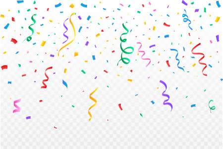 Confetti vector for the carnival background. Multicolor party ribbon and confetti falling. Colorful confetti isolated on transparent background. Festival elements. Birthday party celebration.のイラスト素材