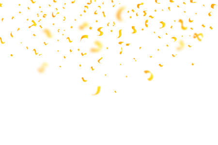 Golden confetti and tinsel falling background. Golden ribbon and confetti vector illustration. Golden confetti isolated on white background. Carnival elements. Birthday party celebration.のイラスト素材