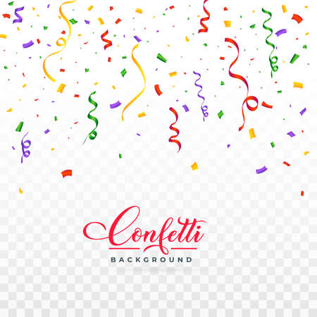 Realistic multicolored confetti vector for the festival. Confetti and tinsel falling background. Colorful confetti isolated on transparent background. Carnival elements. Birthday party celebration.のイラスト素材