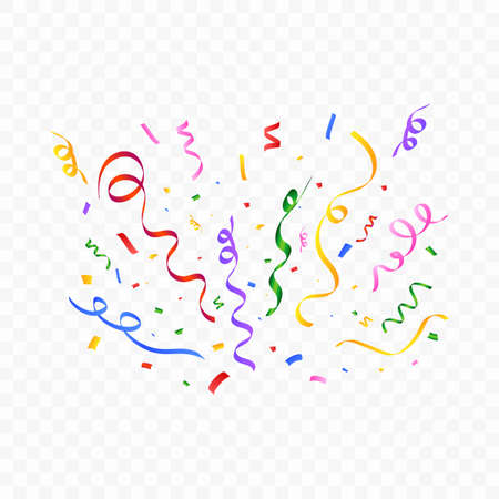 Festival confetti and tinsel explosion background. Realistic multicolor confetti vector illustration. Colorful confetti isolated on transparent background. Carnival elements. Birthday celebration.のイラスト素材