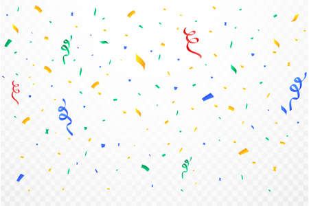 Realistic confetti background vector. Multicolor celebration confetti ribbon falling illustration. Colorful bright confetti isolated on transparent background. Festival elements. Birthday celebration.のイラスト素材