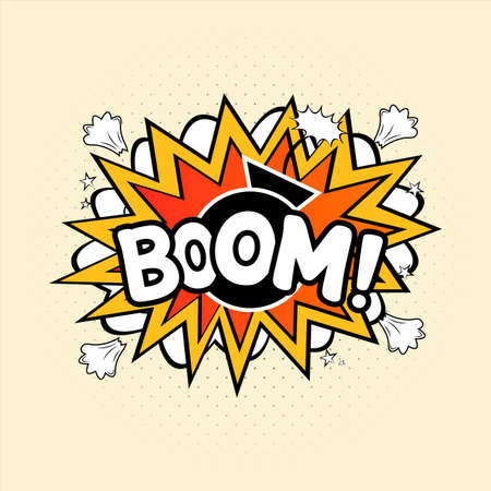 Boom comic explosion. Comic blast vector with text bubble. Cartoon burst with colorful wordings and clouds. Funny explosion bubbles for cartoons with red, white, and yellow colors. Comic boom.のイラスト素材