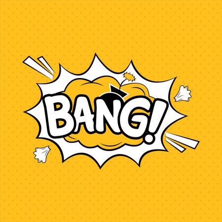 Bang comic explosion. Comic blast vector with yellow bubble. Cartoon burst with white wordings and a bomb. Funny explosion bubbles for cartoons with white and yellow colors. Comics bang text effect.のイラスト素材
