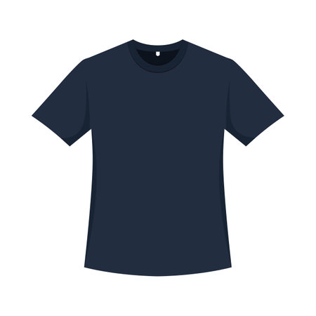 Black t-shirt for men vector on white background. Men's classic black t-shirt with short sleeves. Round neck short sleeves dark blue t-shirt for men. Vector, measurement tag, navy blue, round neck.のイラスト素材