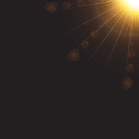 Lens flare with sunlight ray on dark background. Shiny sunlight ray with glowing lens flare. Special sunlight lens flare vector light effect. Sun flashes with rays and a glowing spotlight.のイラスト素材