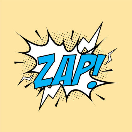 Zap comic explosion. Comic blast vector with bubble. Cartoon burst with yellow wordings and thunder. Funny explosion bubbles for cartoons with white and blue colors. Comics zap text effect.のイラスト素材