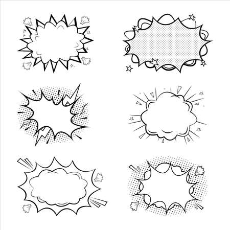 Comic explosion line art vector with bubbles collection. Comic burst set with black and white clouds. Speech bubble vector icon set, black and white flat illustration for cartoon comics.のイラスト素材
