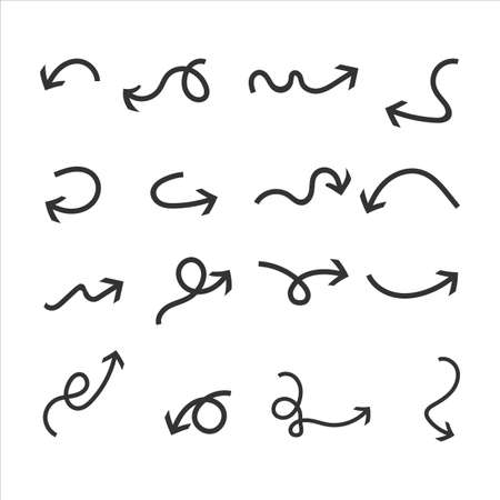 Hand-drawn arrow collection png. Black arrow set. Curved arrows doodle style vector illustration. Vector illustration of curved arrow icons. Doodle style. Collection of pointers.のイラスト素材
