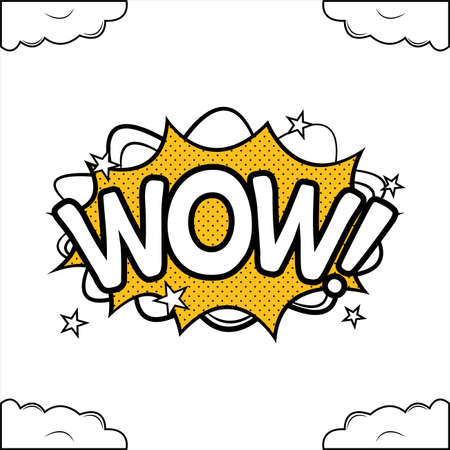 Wow, comic explosion. Comic blast vector with text bubble. Cartoon burst with white color wordings and clouds. Funny explosion bubbles for cartoons with white and yellow colors. Comics wow text.のイラスト素材