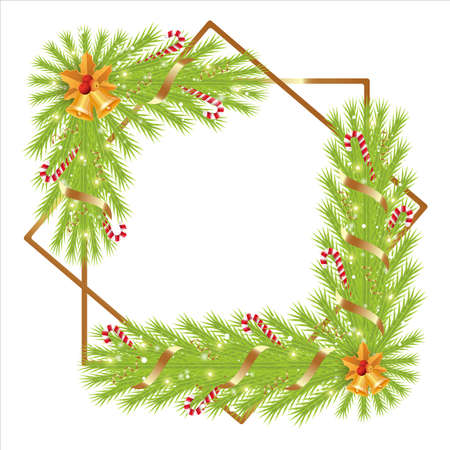 Christmas frame with golden ribbons and jingle bell. Xmas Corner with golden leaves and candy cane. Christmas corner, Xmas decoration element, confetti, golden bell, pine leaves, red berries.のイラスト素材