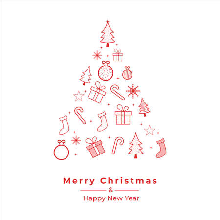 Christmas greeting card design with Christmas tree. Xmas white card with red ornaments. Gift box. Social media banner with the pine tree, candy cane, sock on a white background. Xmas banner, Xmas cardのイラスト素材