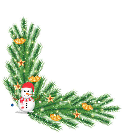 Christmas corner with golden bells and a snowman. Xmas corner with snowflakes and golden stars. Christmas corner, Christmas element, green pine leaves, star, snowman, decoration balls, jingle bell.のイラスト素材