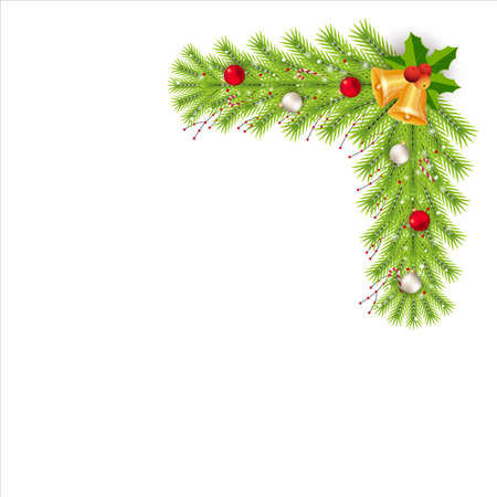 Christmas corner with golden bell and decoration ball. Xmas Corner with red berries and candy cane. Christmas corner, Xmas decoration ball, white ball, red ball, snowflakes, candy cane, pine leaves.のイラスト素材