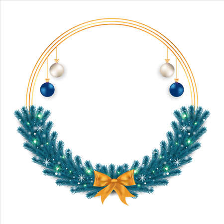 Christmas frame with a golden ribbon and decoration balls. Xmas frame with blue leaves and starlight. Christmas frame, Christmas element, blue leaves, decoration balls, snowflakes, golden ribbon.のイラスト素材