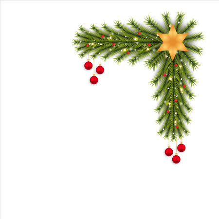 Christmas corner with a golden star and decoration ball. Xmas Corner with red berries and starlights. Christmas corner, Xmas decoration ball, red ball, snowflakes, Golden star, pine leaves, berry.のイラスト素材