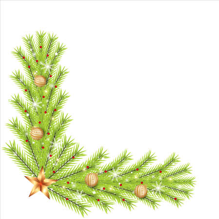 Christmas corner with golden balls and snowflakes. Xmas corner with red holly berries, golden stars. Christmas corner, Christmas element, green pine leaves, holly berries, star lights, Xmas ball.のイラスト素材