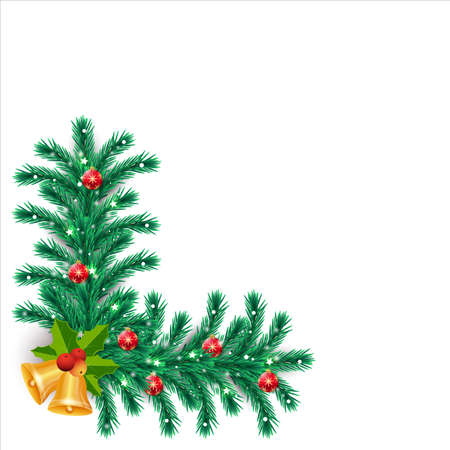 Christmas frame with decoration balls and jingle bells. Xmas frame with green leaves and red berries. Christmas frame, Christmas element, green leaves, decoration balls, red berries, star lights.のイラスト素材