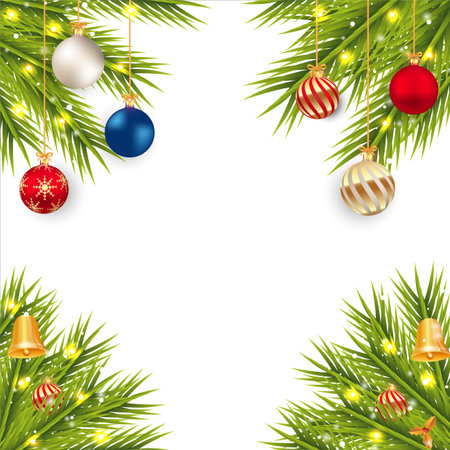 Christmas corner with starlights and jingle bell. Xmas Corner with pine leaves and decoration balls. Christmas corner, Xmas decoration element, red ball, golden bell, pine leaves, blue ball, snowflakeのイラスト素材