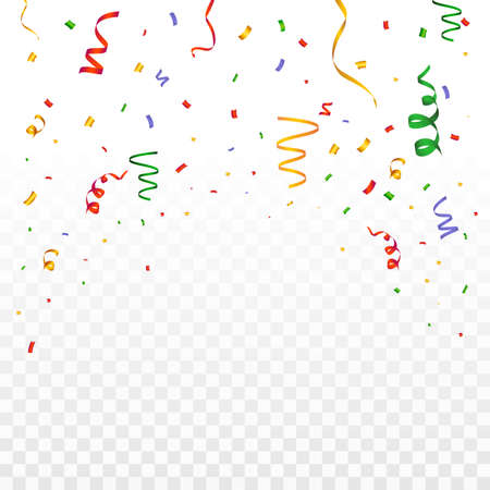 Confetti vector illustration for festival background. Party elements, flying colorful confetti. Red, green, golden, blue, purple color confetti on transparent background. Birthday, anniversary, party.のイラスト素材