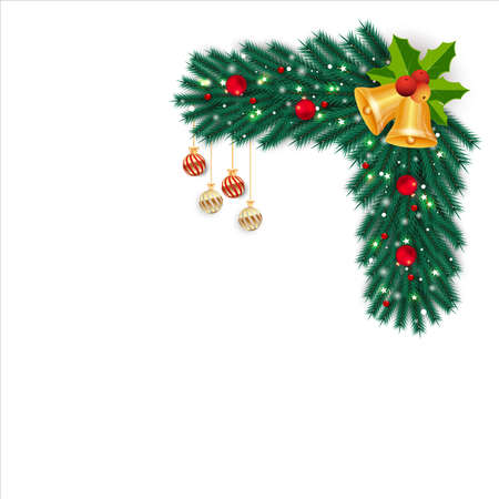 Christmas corner with jingle bells and red berries. Xmas Corner with star lights and pine leaves. Christmas corner, Xmas decoration ball, holly berries, red ball, snowflakes, starlight, golden bell.のイラスト素材
