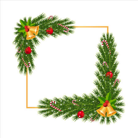 Christmas frame with candy cane and jingle bells. Xmas Corner with snowflakes and decoration ball. Christmas corner, Xmas decoration ball, red ball, snowflakes, golden bell, pine leaves, candy cane.のイラスト素材