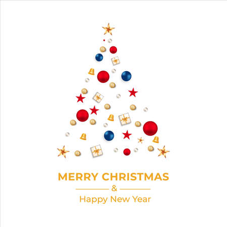 Christmas greeting card with golden stars, decoration ball. Xmas card with gifts and golden bells. Christmas card, Xmas decoration ball, red ball, gifts, blue ball, golden bell, typography, red star.のイラスト素材