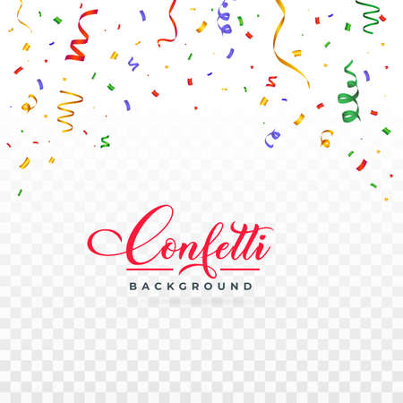 Confetti vector illustration for birthday background. Party elements, falling colorful confetti. Red, green, golden, blue, purple confetti on transparent background. Birthday, anniversary, wedding.のイラスト素材