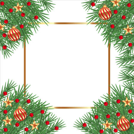 Christmas corner with golden star and gold frame. Xmas Corner with red berries and decoration balls. Christmas corner, Xmas decoration ball, red ball, holly berries, pine leaves, golden star, snowflakeのイラスト素材