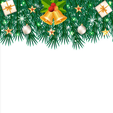 Christmas border with a golden star and jingle bells. Xmas border with snowflakes and gift boxes. Christmas border, Xmas decoration element, gift box, snowflakes, Golden star, pine leaves, red berry.のイラスト素材