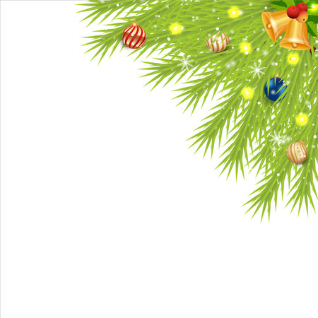 Christmas corner with red berries and jingle bells. Xmas Corner with snowflakes and decoration ball. Christmas corner, Xmas decoration ball, red ball, snowflakes, blue ball, starlights, red berry.のイラスト素材