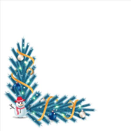 Christmas corner with blue leaves, cute snowman. Xmas corner with golden ribbon, decoration balls. Christmas corner, Christmas element, blue leaves, star light, snowman, decoration ball, golden ribbonのイラスト素材